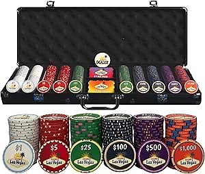 Vegas Chip Ceramic Poker Chip Set for Texas Hold'em - 500-Piece Poker Ceramic Kit, 10-Gram Poker Chips, Durable & Long-Lasting Numbered Casino Chips - Includes Black Aluminum Case