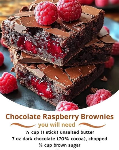 Chocolate Raspberry Brownies "After an afternoon of baking, I pulled these gooey chocolate raspberry brownies from the oven and instantly knew I had created a sweet masterpiece that would become a family favorite." The rich chocolate pairs perfectly with the tart raspberries, making each bite a delightful surprise. Ingredients 1 cup unsalted butter 2 cups granulated sugar 1 cup all-purpose flour 1 cup fresh raspberries Reacipe in First Coʍmеոτ | Love Is Care