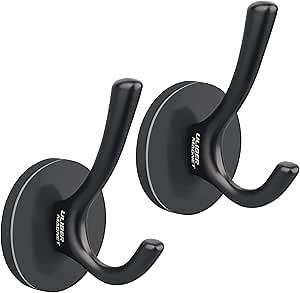 ULIBERMAGNET Strong Magnetic Double Hooks, 2 Pack Heavy Duty Sturdy Coat Magnetic Hooks, Rubber Magnets Large Hooks for Coat Robe Towel Key Hat (Black)