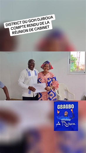 DISTRICT DU GOH DJIBOUA COMPTE RENDU DE LA RÉUNION DE CABINET Date : Samedi 27 juin 2026Heure : 10h00 à 15h00Lieu : Siège du Parti, Riviera Bonoumin Président de séance : Le Secrétaire Général Adjoint du District du Gôh-Djiboua, SGA Zéléhi. Ordre du jour: ✔️-Informations générales ✔️Nomination des membres du Cabinet et adoption du programme d'activités ✔️Divers Déroulement des travaux Le SGA a ouvert la séance en souhaitant la bienvenue aux participants avant de rappeler les objectifs de cette p