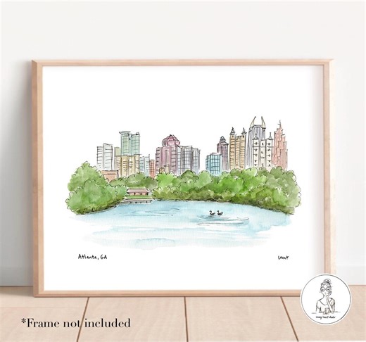 Atlanta, GA - Piedmont Park Skyline. Watercolor & Ink Illustration, ATL Georgia Portrait, Gallery Wall Art, 8x10, 11x14 or 16x20 Print - Etsy