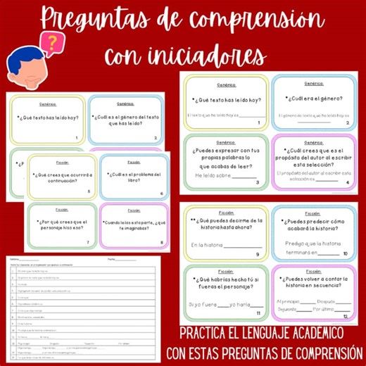 Preguntas de Comprensión con Inicios Oraciones, Tarjetas de Tareas para Lectura