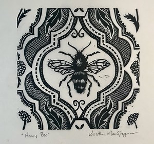 Honey Bee Lino print repeat Pattern - Kristine Macgregor