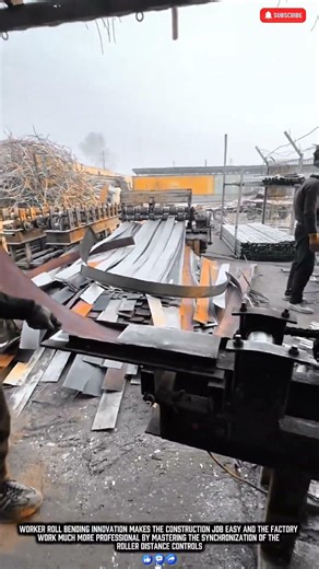 Worker bending steel plates with a roll bending machine for symmetrical production results