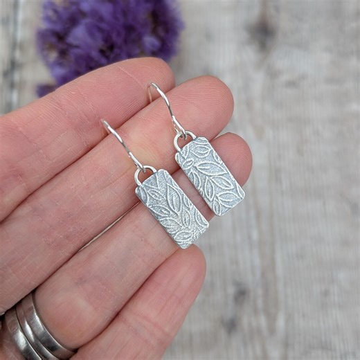 Silver Small Leaf Pattern Rectangle Earrings - Drop Earrings, Dangly Earrings, Handmade Jewellery, Gift for Her, Recycled Sterling Silver - Etsy