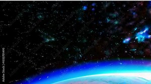 Beautiful earth planet scene. Space Zoom spinning view, Concept of climate change, day and night, cities lights, sunrise. World planet satellite,Stars, nebula and galaxy black background in 4k