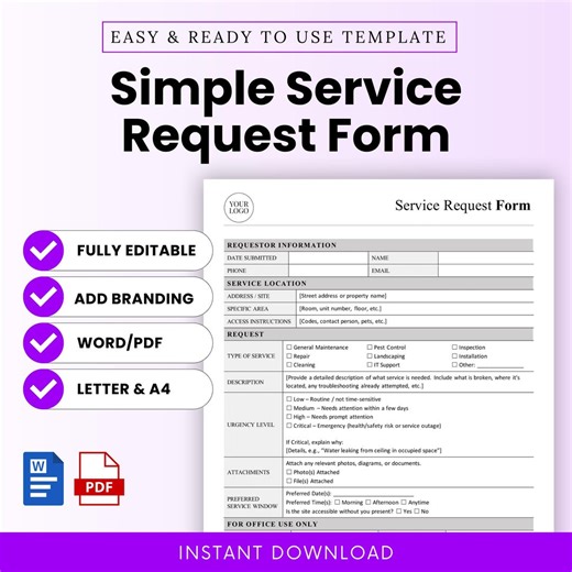 Simple Service Request Form Template - Word & PDF, A4 + US Letter - Etsy Australia