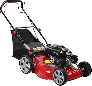 20-Inch Dethatcher, 141cc Gas Lawn Aerator with 50L Grass Tank, Cordless Lawn Mower 3-in-1 with Removable Thatch Collection Bag Red