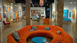 An orange circular sofa sits in the middle of a modern art gallery with exposed brick walls and hardwood floors