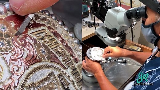 Our master engraver Sergio has been with Gist Silversmiths for over 40 years! He’s engraved buckles for presidents, World Champions of just about every equine event, Grammy winners, Super Bowl champions...There is no one better at the art of western engraving. #MadeintheUSA #BFI2020 | Gist Silversmiths