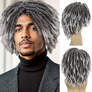 GNIMEGIL Fake Dreads Wigs with Bangs Ombre Grey Color Rocker Rasta Hair Male Dreadlocks Wig Medium Length Colly Braided Wigs for Men Guys Faux Loc Wig Gradient Gray