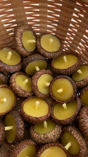 floating acorn cap beeswax candles 🕯️🐿️ candles will burn for approx 10-15 minutes. Instructions below. To make, melt beeswax using the double-boiler method. Dip your wicks in the beeswax and set aside. Pour your beeswax into each acorn cap and add wick before the wax starts to set. To use, float your acorn cap candles in water and light them. Do not leave unattended. #DIY #candlemaking #beeswaxcandles #diycandle #acorncandles #acorncapcandle #fypcandles #cottagecore