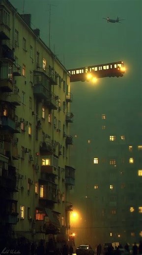 blade runner city, a flying train The train goes straight ahead, in a straight line
