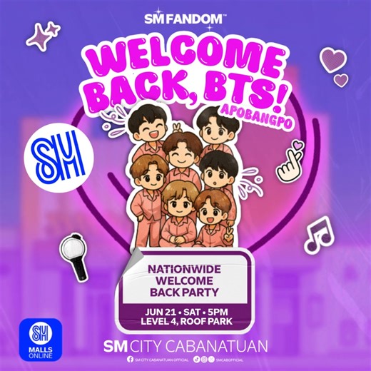 7.4K views · 49 reactions | Fan meet alert, ARMYs!  This June 21, we're celebrating with fan meets, cup sleeves, photo spots, and more, all to say: Welcome Back, BTS! Get your bias radar on and see you on Saturday • 5PM at Level 4, Roof Park here at SM City Cabanatuan! Borahae﫰 Register here  https://click.smmallsonline.com/DFqS/SMCTEVENTS #SMFandom #EverythingsHereAtSM #AlwaysMoreFun | SM City Cabanatuan Official | Facebook