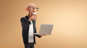 Download 3D cartoon character with laptop and coffee on beige background for free