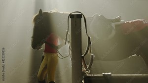 Woman Rider Staying with Horse Inside Ranch Barn. Equestrian Sportswoman and Stallion Resting Together in Stable Building. Rider and Animal Relationship Tracking Shot Slow Motion
