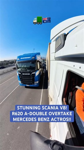 STUNNING Scania V8 R620 A-Double with Empty Skels Overtakes Mercedes-Benz Actros on West Gate Bridge