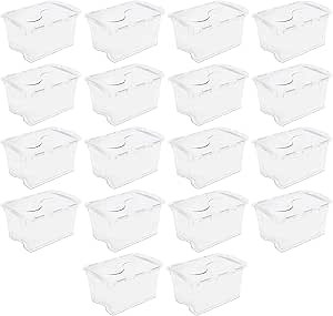 Sterilite 48 Qt Hinged Lid Storage Box, Stackable Bin with Lid, Plastic Container to Organize Home, Office, Basement, Clear with White Lid, 18-Pack