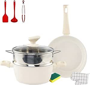 LOCENHU Kitchen Utensils Basic Kitchen Utensils, Non-Stick Coating Inside, Non-Slip Handles, Easy to Clean, Heat Resistant Lacquer (Set of 9), White, BH-W9-QH