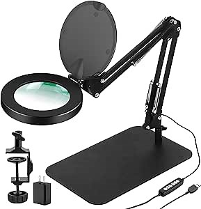 5X Magnifying Glass with Light and Stand,2-in-1 LED Lighted Magnifier Large Base & Clamp,3 Color Modes Stepless Dimmable Magnifying Lamp,Adjustable Swing Arm for Repairing Crafting Soldering Sewing