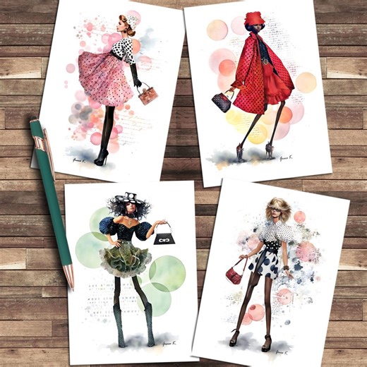 Polka Dot Fashion Illustration Note Cards, Set of 4 - Etsy