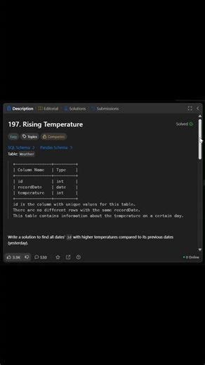 Rising Temperature | LeetCode #197 #leetcode #sql #mysql #coding #programming #shorts
