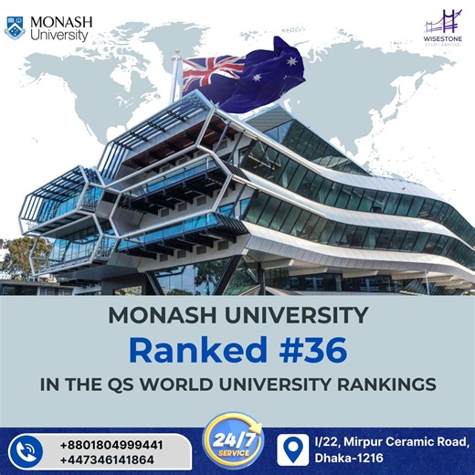 Monash University is officially ranked #36 in the QS World University Rankings 🇦🇺🎓 As a member of the prestigious Group of Eight, Monash offers world-class education, cutting-edge research, and a truly global campus experience in Australia. Whether you’re looking to innovate in medicine, business, or engineering, Monash is the place to be! Ready to start your journey to one of the world’s top-tier universities? Let Wisestone Study Abroad handle the details while you focus on your future. ✈️📚