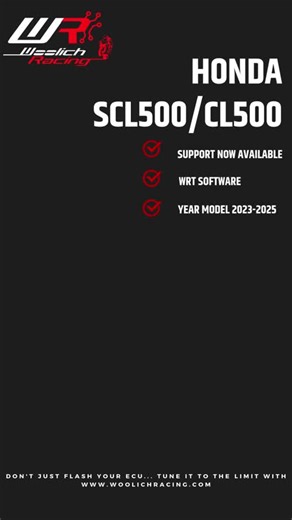 The latest release of the Woolich Racing Tuned (WRT) software adds support for the 2023-2025 SCL500 / CL500 Don't just flash your ECU... Tune it to the limit with www.WoolichRacing.com https://www.woolichracing.com.au/products/honda/scl500-cl500/2023/2023-honda-scl500-cl500-ecu-flashing.aspx?utm_source=fb&medium=social&utm_campaign=fb-scl500&utm_content=196 | Woolich Racing