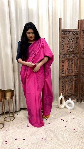 2K views · 18 reactions | Palash presents pink color cotton mulmul saree featured with hand block printing❤️ We have teamed it up with our indigo cotton ajrakh blouse Both products can be ordered separately Shop now on www.palashstore.com#SareeLove #OrderNow #Fashionista #StylishLook #SareeSwag #BlackBlouse #SareeEnsemble #ChicStyle #TraditionalYetTrendy Follow for more amazing collections @palashstore @palashstore @palashstore | PALASH | Facebook
