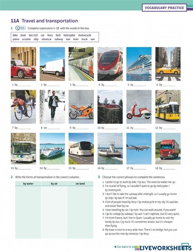 Travel and transportation worksheet