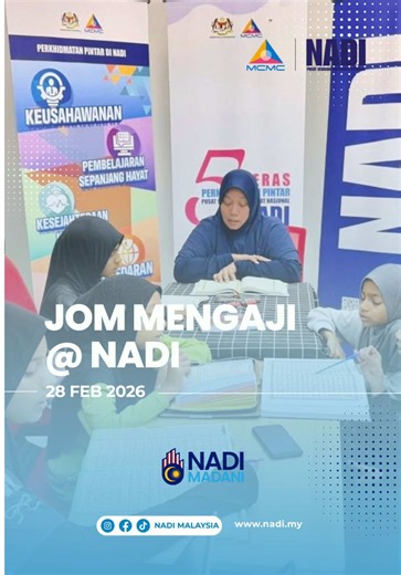 NADI Seluruh Malaysia | 28 Februari 2026 – Program Ramadan @ NADI MCMC menerusi sesi Jom Mengaji dan Kelas Tajwid bersama Ustaz Azam Din telah dilaksanakan secara dalam talian dengan penglibatan NADI di seluruh Malaysia. Kelas Tajwid, inisiatif Ramadan @ NADI yang bermula pada hari ini, telah disertai seramai hampir 4,000 peserta daripada 1,098 NADI di seluruh negara, melibatkan penyertaan aktif pelbagai peringkat umur. Inisiatif ini menerima sambutan yang memberangsangkan daripada komuniti sete
