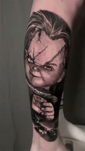 Chucky Movie Inspired Black & Grey Calf Tattoo | Horror Film Tattoo London UK