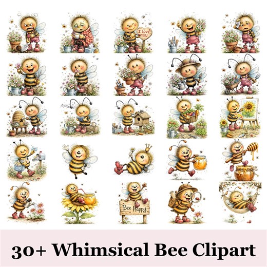 Whimsical Bee Clipart 30  PNG | Cute Honey Bee Illustrations | Spring Garden Insect Graphics | Kawaii Bee Clipart Bundle - Etsy