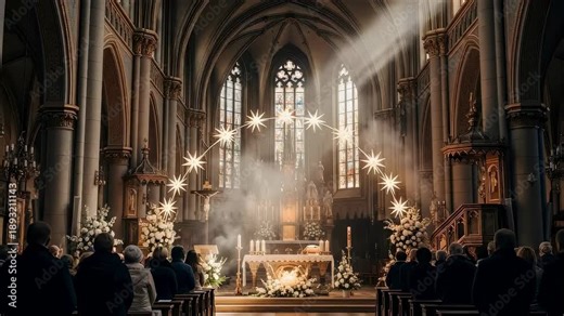 Church congregation in pews by altar. Epiphany service in catholic church with decorative star lights and smoke. Holy worship event.
