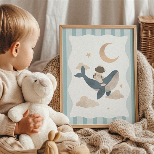 Astronaut and Whale Print, Outer Space Nursery Wall Art, Baby Blue (digital Download) - Etsy