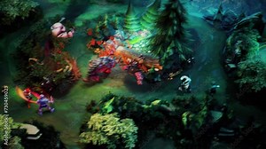 Animation of the fantasy characters battling in an esports digital computer game. Animation of the digital game heroes. Animation of the competitive fight in the online digital game. Hobby.