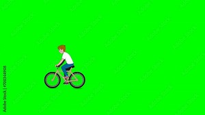 Bicyclist, rider man bike cycle animated. Bicycle animation. Young guy male character loop stage off left to right pan. Green screen back. Enters the scene from the right. Draw 2d footage