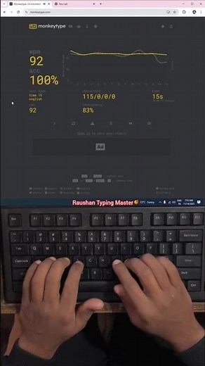92 WPM English Typing Speed | Monkey Typing Test #typing #keyboard #shorts #raushantypingmaster