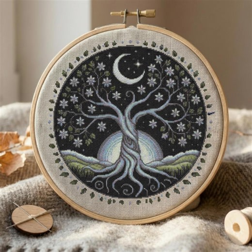 Tree of Life Cross Stitch Pattern, Moon Stars Night, Modern Embroidery (PDF Pattern) - Etsy