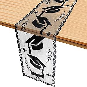 ANOTION Black Table Runner - 2024 Graduation Party Decorations Graduation Cap Decorations Lace Tablecloth Graduation Centerpieces Party Supplies Table Decorations Graduation Table Runner 72 Inches