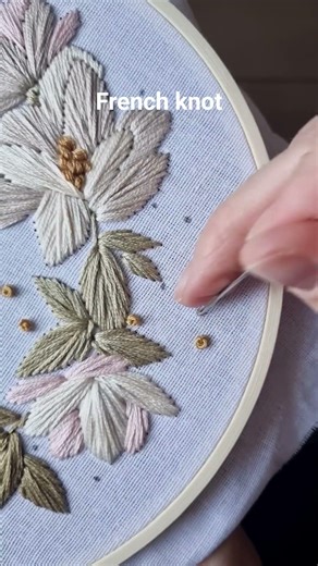 Final french knot touches from calm and elegant Magnolia pattern🌸 #embroidery #tutorial #diy #craft
