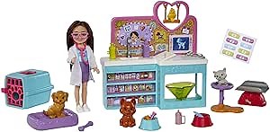 Barbie Chelsea Doll and Accessories, Pet Vet Playset with Doll, 4 Animals and 18 Pieces