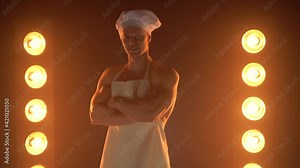 Portrait of muscular chef wearing white apron and chef hat, showing thumb up gesture on smoky background male housewife. husband in kitchen. brutal butcher.
