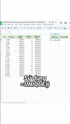 Xóa dữ liệu trùng lặp sử dụng UNIQUE - Google Sheets