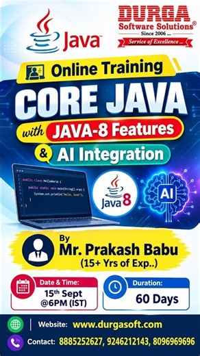 CORE JAVA with JAVA-8 Features & AI Integration Online Training @ DURGASOFT #durgasoftware #shorts