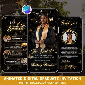 Digital Graduation Invitation, Black and Gold College Graduation Flyer, Class of 2026 Canva Template - Etsy