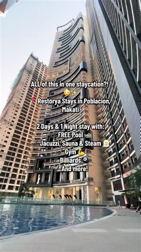 ALL of this in one staycation?! 😳✨ 📍 Restorya Stays in Poblacion, Makati 2 Days & 1 Night stay with: ✔ FREE Pool 🏊 ✔ Jacuzzi, Sauna & Steam 🧖‍♀️ ✔ Gym 💪 ✔ Billiards 🎱 ✔ And more! 💖 Book now: restoryastays.com #staycation #restoryastays #airbnbhost #foryou #fyp