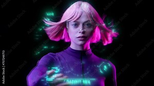 Hologram woman in futuristic costume with flowing hair. Female in modern VR glasses interacting with network while having virtual reality experience. Augmented reality game, future technology, AI.