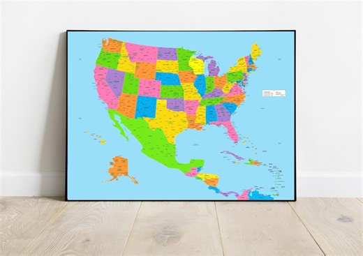 Detailed Map of USA, Central America and Caribbean - Etsy