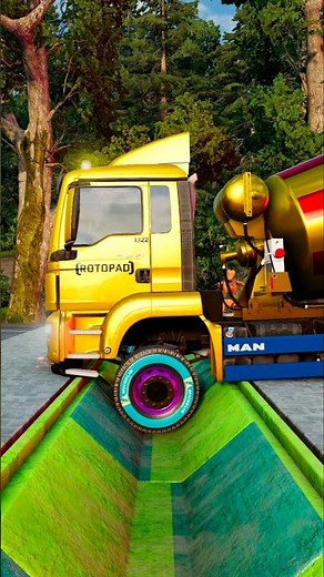 Cement Truck Tows Chain Cars Across Deep Trench! ⛓️ #beamngdrive